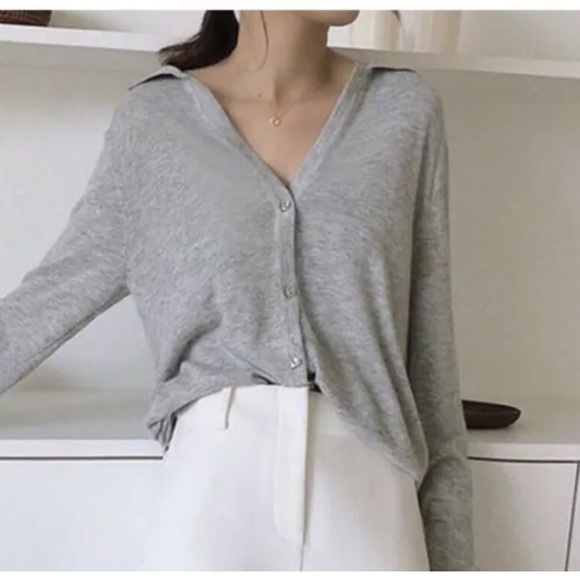 Cardigan sweater cotton vneck collar button down blue green beige black cream - Picture 5 of 6